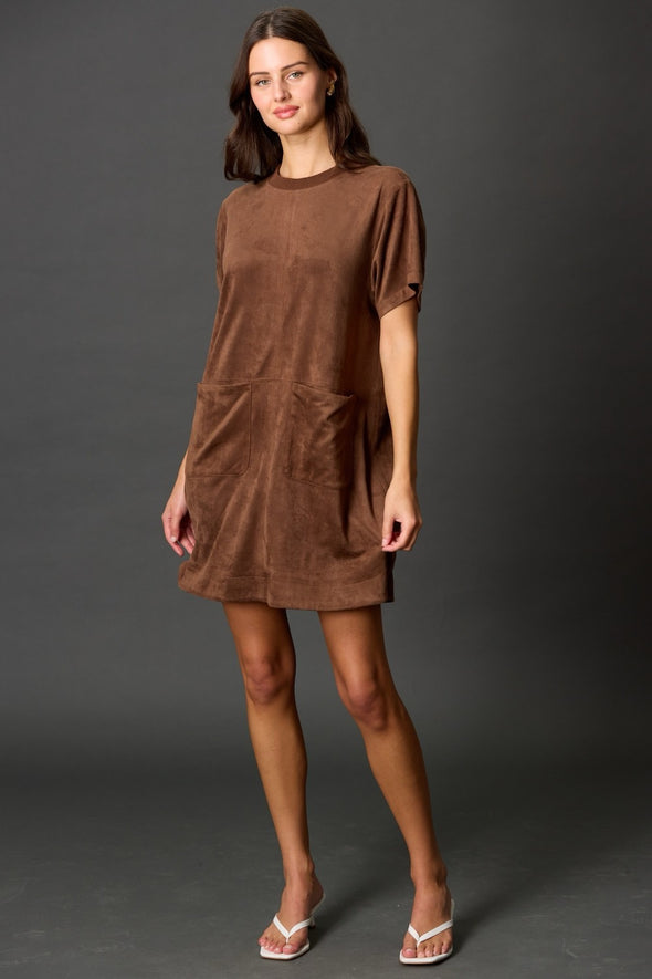 Before You Chocolate Faux Suede Short Sleeve Shift Dress
