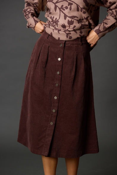 Before You Cocoa Corduroy A-Line Front Button Midi Skirt