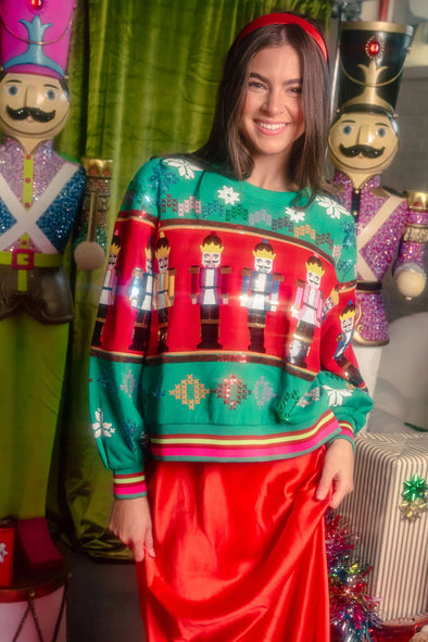 QOS Green Vintage Nutcracker & Needlepoint Snowflake Sweatshirt