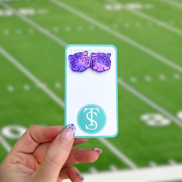 Taylor Shaye Purple Tiger Mirror Tiger Head Stud Earrings