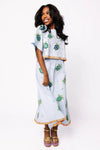 QOS Light Blue Cotton Turtle Fringe Midi Skirt