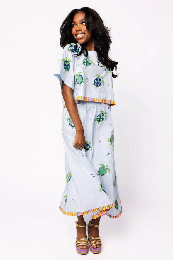 QOS Light Blue Cotton Turtle Fringe Midi Skirt