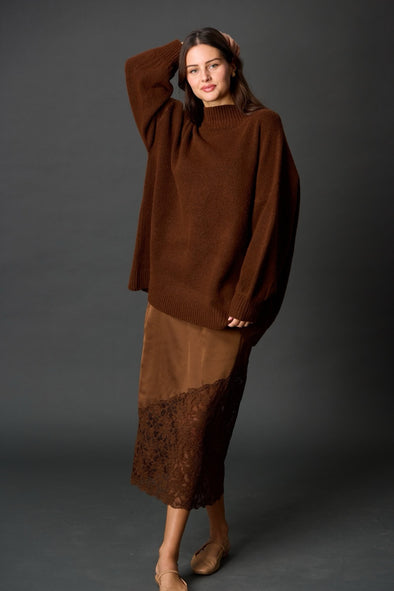 Before You Chocolate Satin Pencil Skirt with Asymmetrical Lace Trim