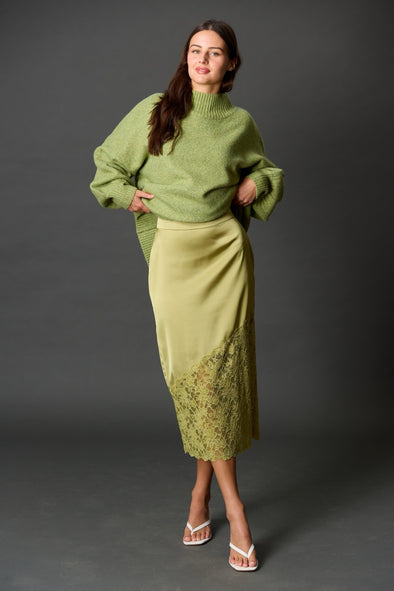Before You Light Moss Satin Pencil Skirt with Asymmetrical Lace Trim