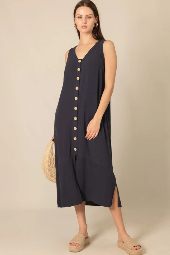P. Cill Navy Linen Sleeveless Button Up Shirt Dress