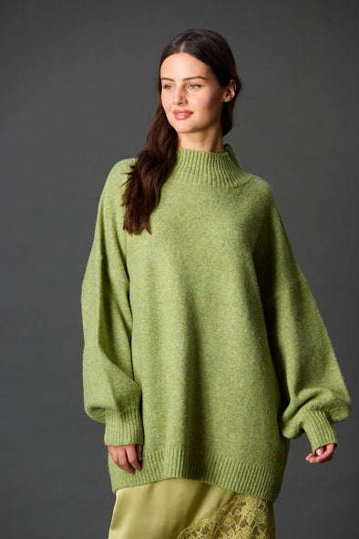Before You Light Moss Knit Rib Funnel Neck Oversized Pullover