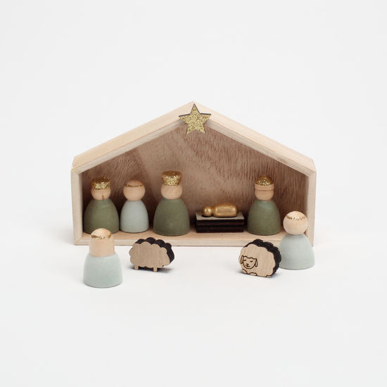 180 Degree Set of 9 Wood Flocked Nativity Scene