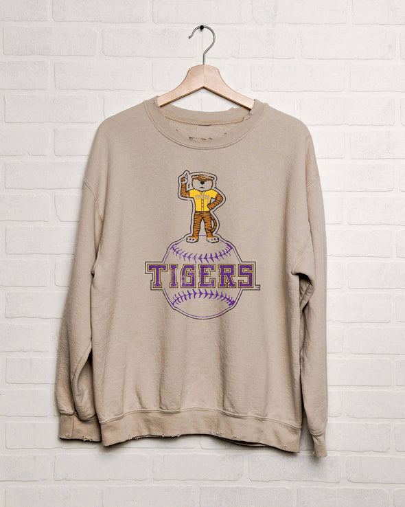 LivyLu LSU Tigers Mascot Baseball Sand Thrifted Sweatshirt