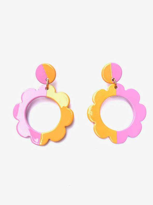 Accessory Jane Color Block Flower EArrings- Bubblegum/Marigold