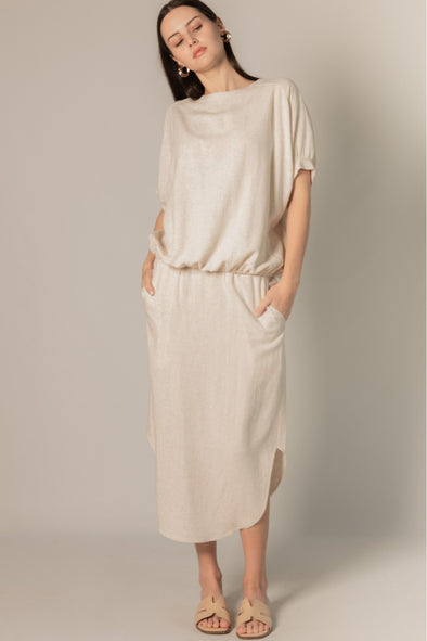 P.Cill Linen Smocked Midi Skirt- Natural