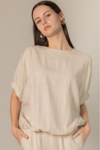 P.Cill Linen 3/4 Sleeve Round Neck Top- Natural