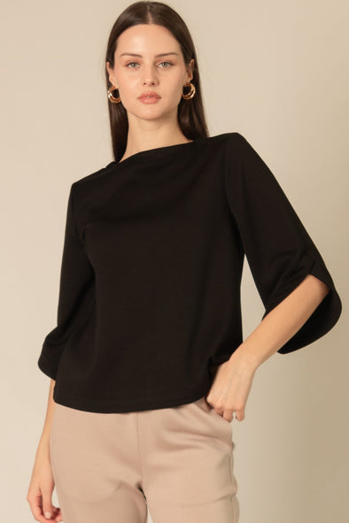P.Cill 3/4 Sleeve Round Neck Top- Black