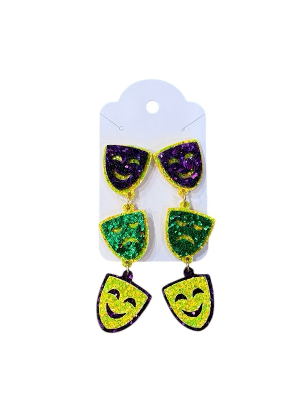 Mardi Gras Glitter Mask Drop Earrings