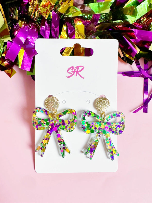 Sandy + Rizzo Mardi Gras Bow Dangle Earrings