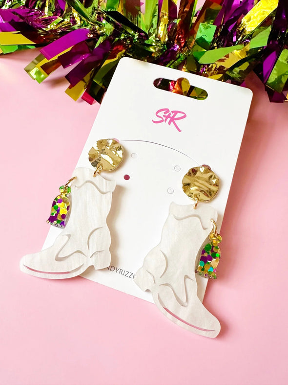 Sandy + Rizzo Mardi Gras Marching Boot Earrings