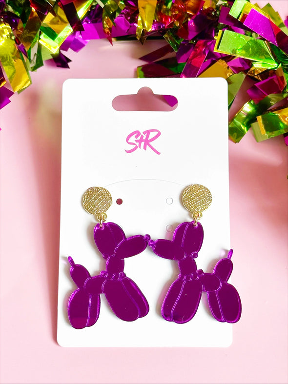 Sandy + Rizzo Purple Mirror Balloon Dog Earrings