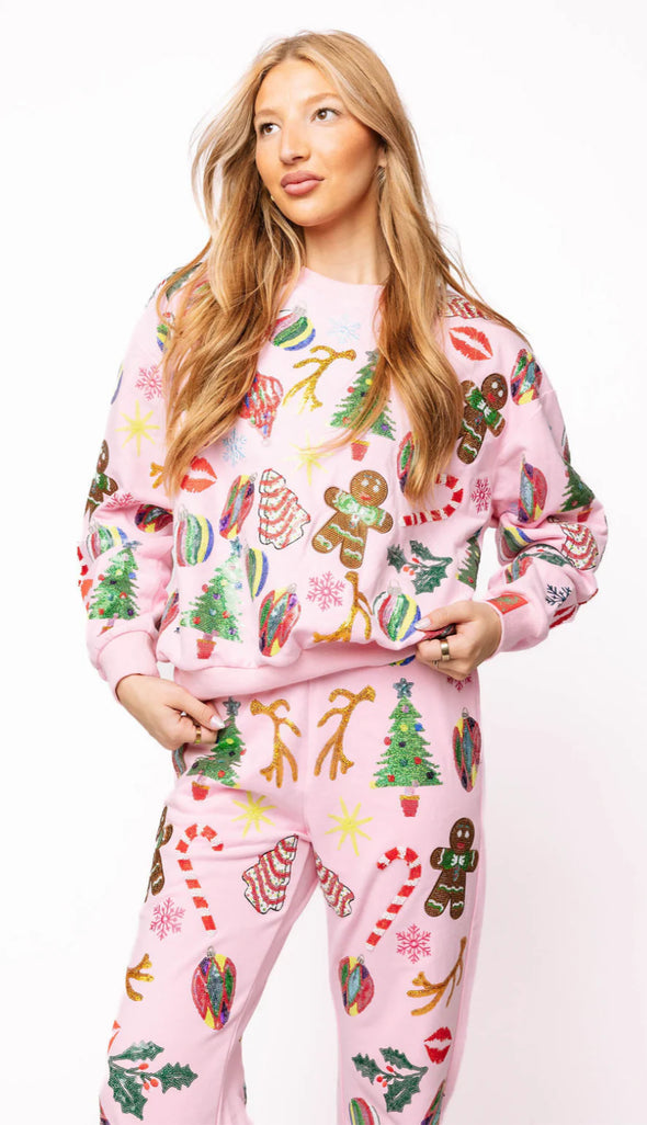 QOS Light Pink Christmas Icons Sweatshirt