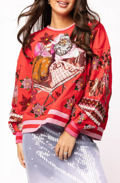 QOS Red&Pink Vintage Poinsettia Santa Sweatshirt