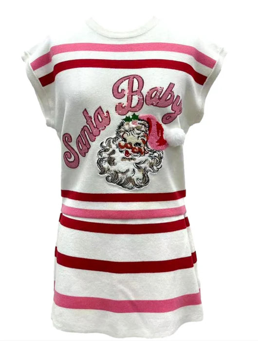 QOS Red, Pink, and White Striped "Santa Baby" Fuzzy Santa Top