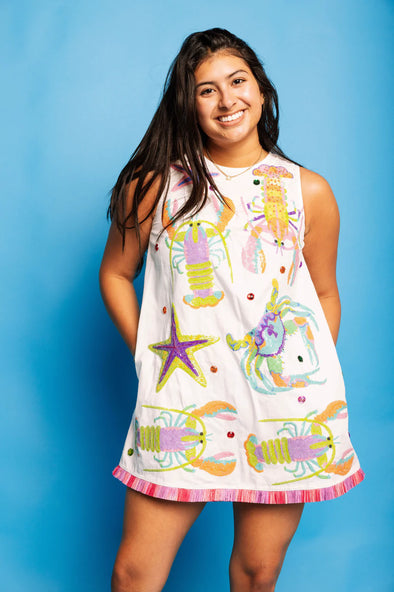 QOS White Multi Crab, Starfish, & Lobster Tank Fringe Dress