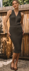 Skies are Blue Dark Brown Ribbed Bodycon Skirt