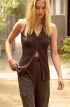 Skies are Blue Dark Brown Ribbed Button Down Top