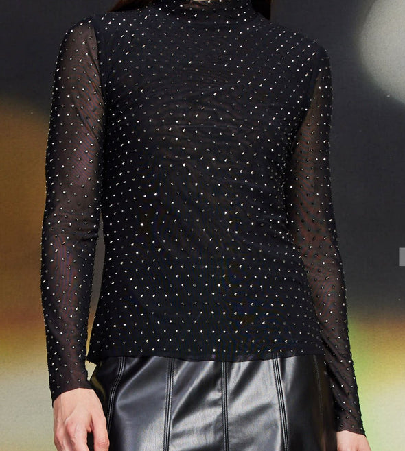 Skies are Blue Dark Chocolate Embellished Mesh Mock Neck Top