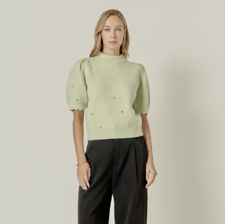 English Factory Sage Scallop Embellishment Knit Sweater