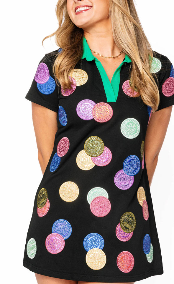 QOS Black Multi Doubloons Collar Short Sleeve Dress