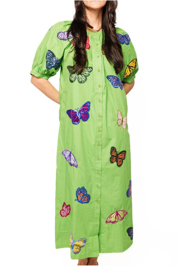 QOS Green Multi Butterfly Button Up Cotton Midi Dress QOS Green Multi Butterfly Button Up Cotton Midi Dress