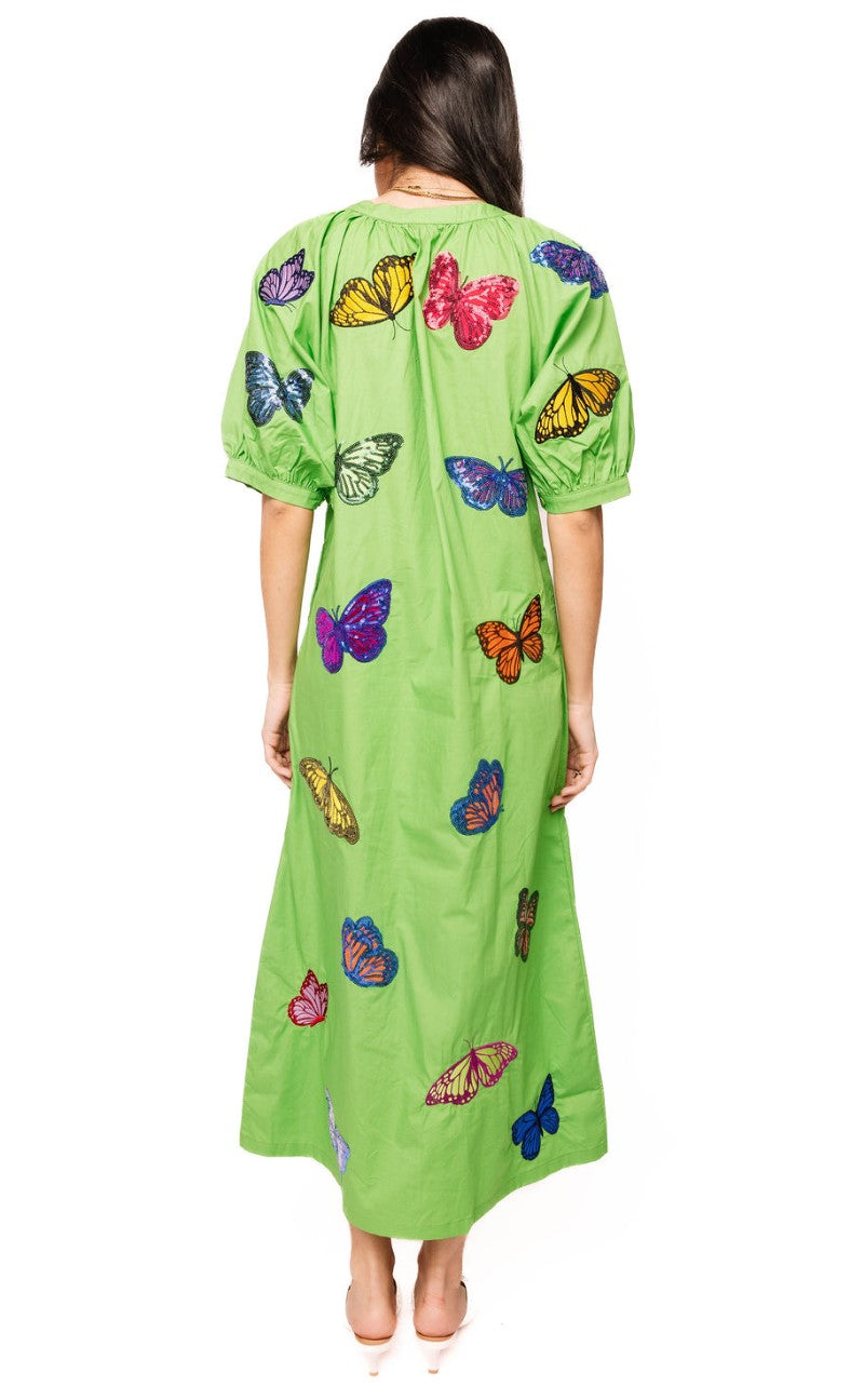 QOS Green Multi Butterfly Button Up Cotton Midi Dress