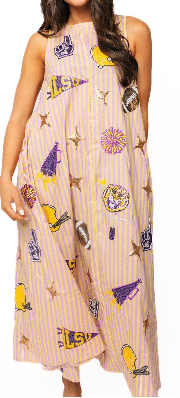 QOS Licensed LSU Striped Sparkle Gameday Icon Cotton Midi Dress
