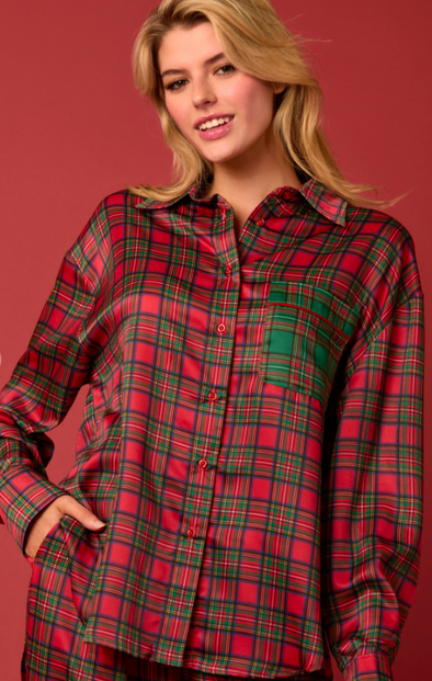 Peach Love Satin Plaid Pajama Top