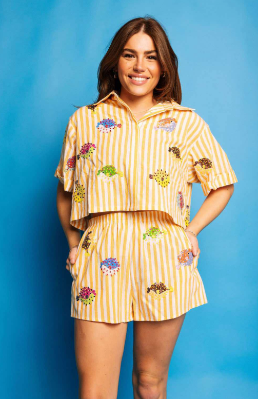 QOS Yellow & White Stripe Multi Puffer Shorts