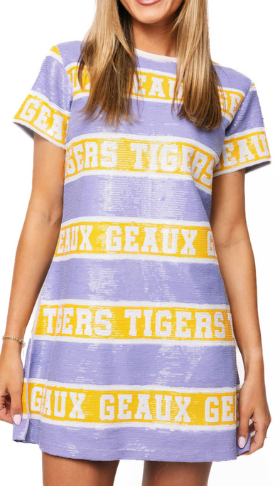 QOS Licensed LSU Full Sequin Striped Words Dress
