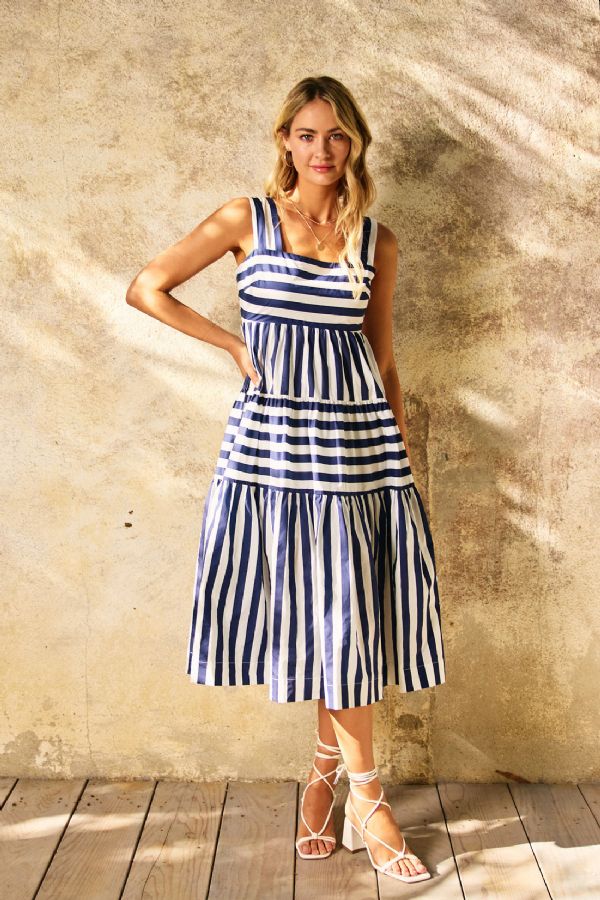 Pinch Navy Contrast Stripe Tiered Midi Dress