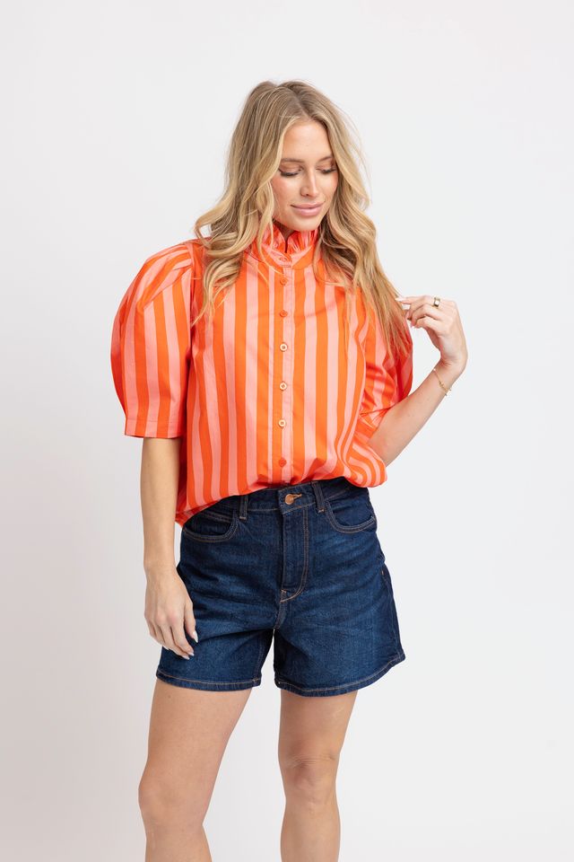 Karlie Stripe Coral Button Up Ruffle Neck Top