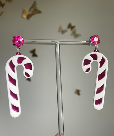 Louie Love Magenta Pink Candy Cane Acrylic Earrings