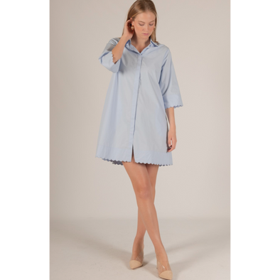 P.Cill Poplin Scalloped Hem Button Up Shirt Dress- Powder Blue