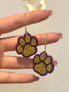 Louie Love Purple Glitter Gold Football Sports Paw Hoop Earrings