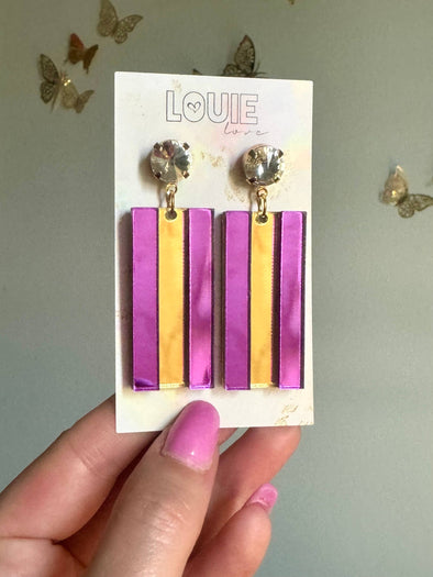 Louie Love Gold Purple Acrylic Louisiana LSU Tigers Mardi Gras Earrings