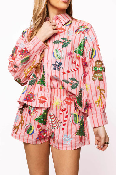 QOS  Light Pink&Red Stripe Christmas Icons Button Up Top
