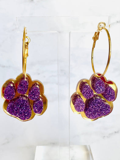 Louie Love Purple & Gold Football Sports Paw Hoop Earrings