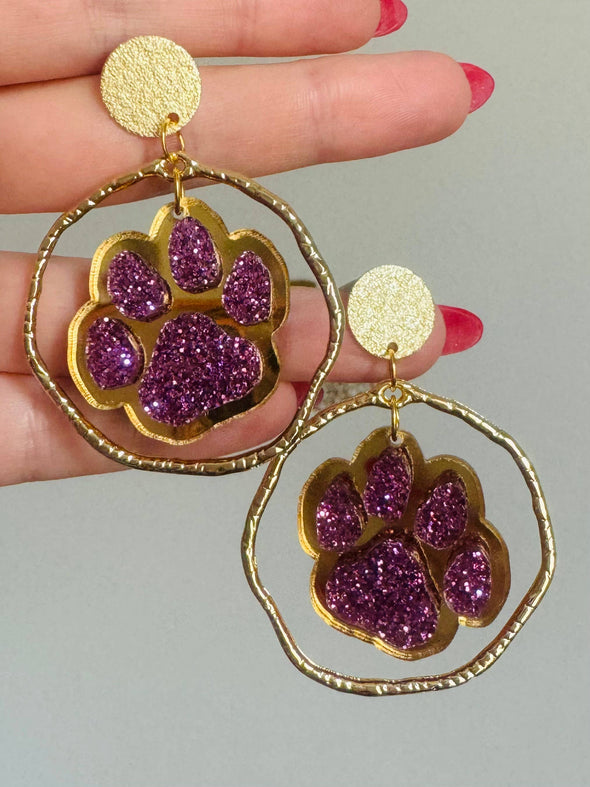 Louie Love Purple & Gold Football Sports Paw Earrings