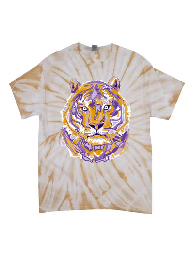 Layered Purple and Gold Tiger Mascot Tie Dye Graphic Tee