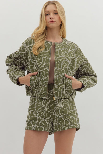 Entro Olive Floral Embroidered Jacket