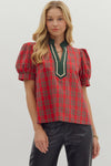 Entro Red Plaid V-neck Top