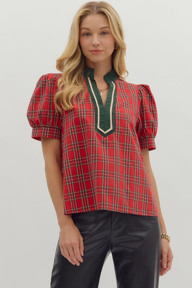 Entro Red Plaid V-neck Top