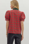Entro Red Plaid V-neck Top