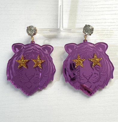 Louie Love Gold Purple Acrylic Tiger Face Rockstar Earrings